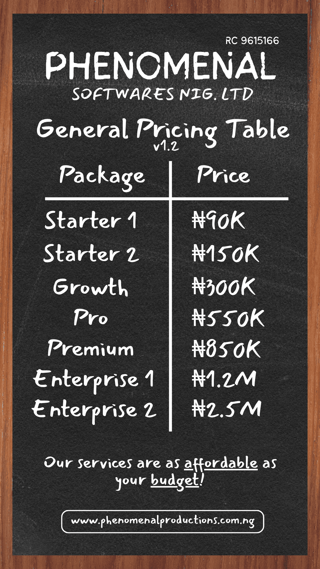 Phenomenal Productions General Pricing Table